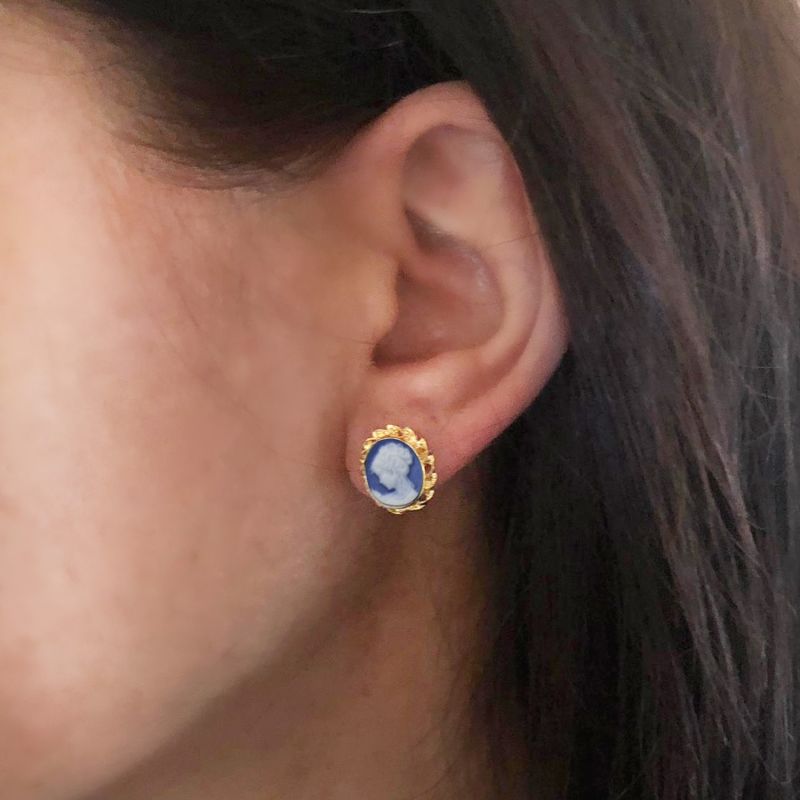 Gold Plated Blue Mini Cameo Stud Earrings Vintouch Italy Wolf