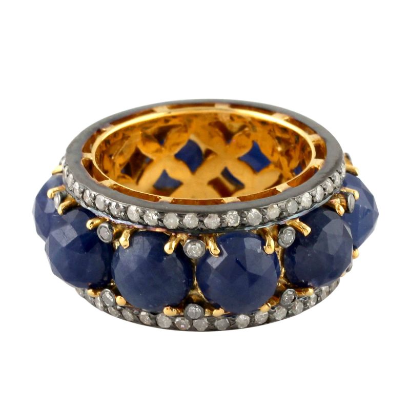 18K Yellow Gold 925 Silver With Diamond & Blue Sapphire Gemstone Band Ring image