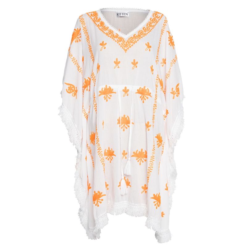 Mykonos White Embroidered Fringed Kaftan image