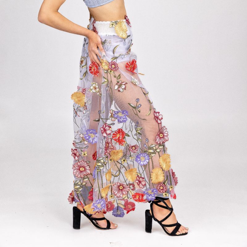 Celestial Blanche - Skirt Of Multicoloured Flowers On White Mesh image