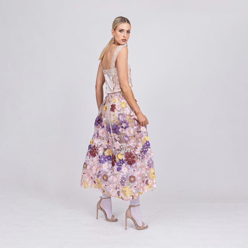 Celestial Sweet Pea - Skirt Of Embroidered Cascading Flowers On Pink Mesh image