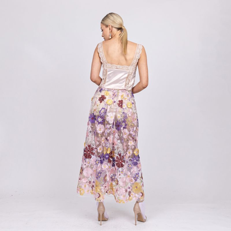 Celestial Sweet Pea - Skirt Of Embroidered Cascading Flowers On Pink Mesh image