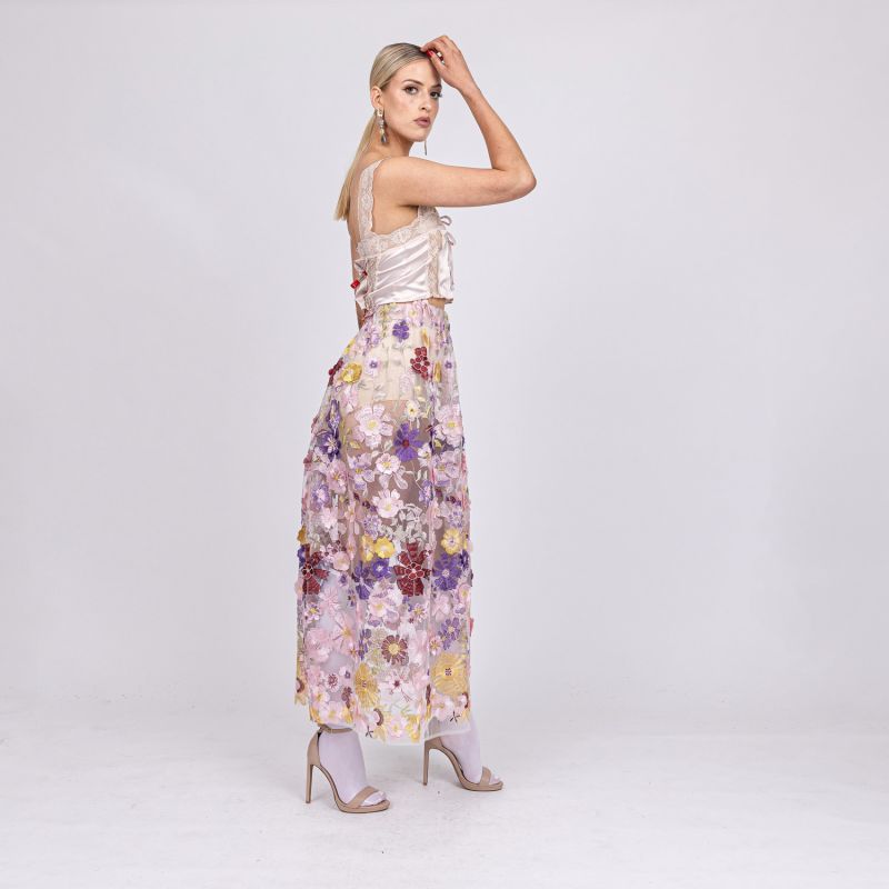 Celestial Sweet Pea - Skirt Of Embroidered Cascading Flowers On Pink Mesh image