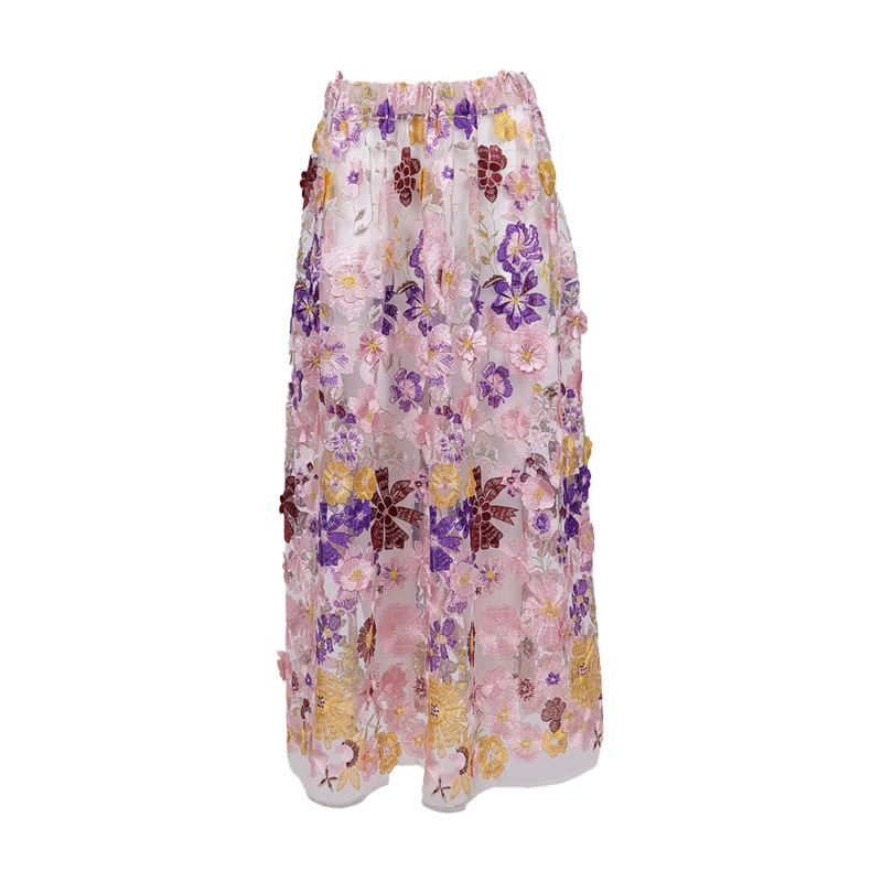 Celestial Sweet Pea - Skirt Of Embroidered Cascading Flowers On Pink Mesh image