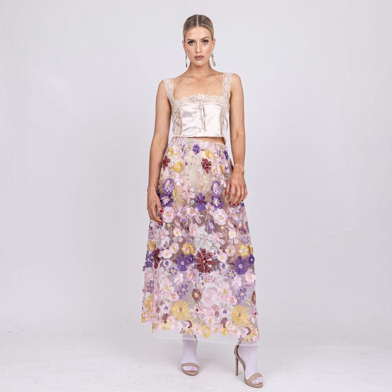 Celestial Sweet Pea - Skirt Of Embroidered Cascading Flowers On Pink Mesh image