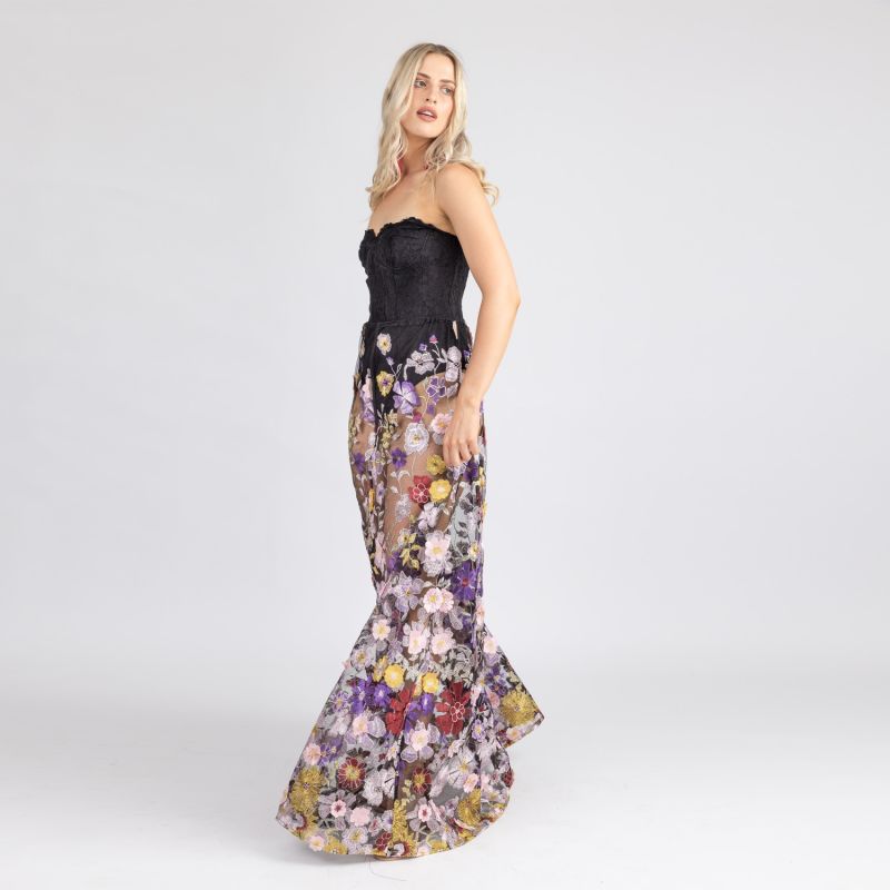 Celestial Midnight - Skirt Of Embroidered Multicoloured Cascading Flowers On Black Mesh image