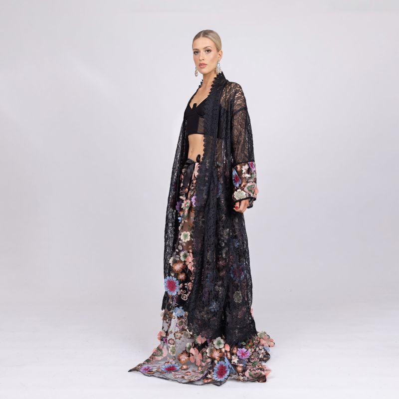 Celestial Wildflower Noir Robe - Long Magnificent Corded Lace Robe With Embroidered Cascading Flower Panels image