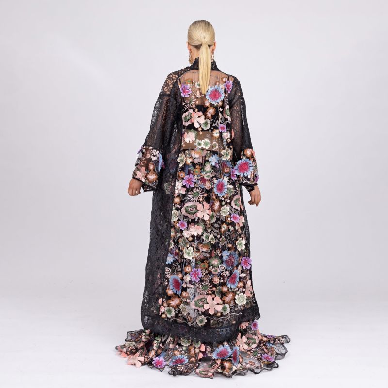 Celestial Wildflower Noir Robe - Long Magnificent Corded Lace Robe With Embroidered Cascading Flower Panels image