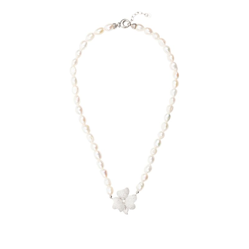 Flower Pearl Mid Length Necklace White Cz Silver image