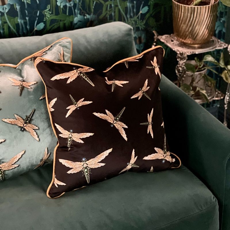 Dragonfly Swarm Black Velvet Cushion image