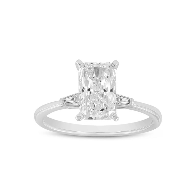 Certified Lab Grown Radiant Cut Diamond Three Stone With Tapered Baguettes In White Gold image