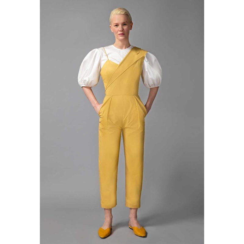 Notched Lapel Cotton Jumpsuit (Macaroon Yellow) image