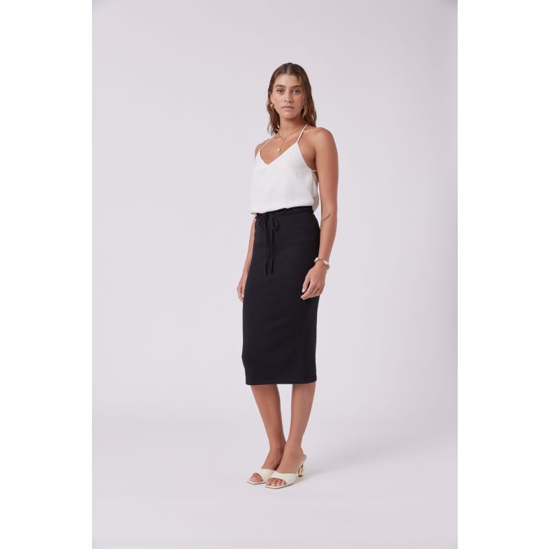 Chained Detail Silk Blend Knitted Midi Pencil Skirt - Black image