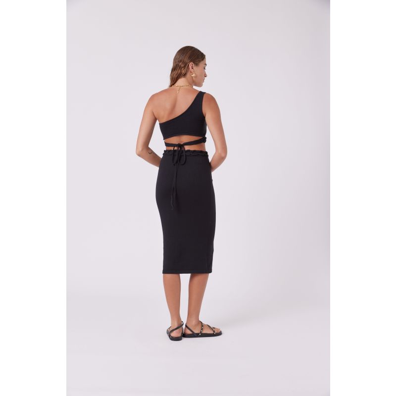 Chained Detail Silk Blend Knitted Midi Pencil Skirt - Black image