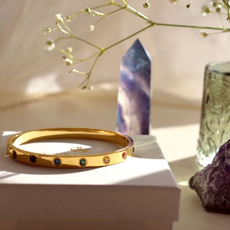 Chakra Healing Stone Bangle, Gold Over Stainless Steel image