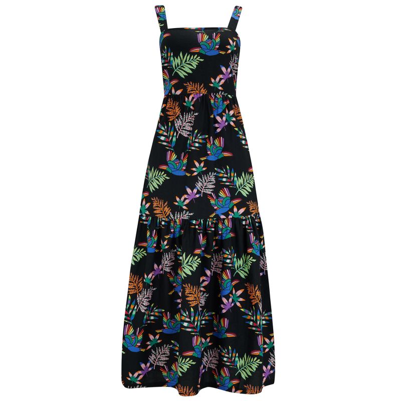 Charlotte Maxi Tiered Sundress Black, Rainbow Toucans image