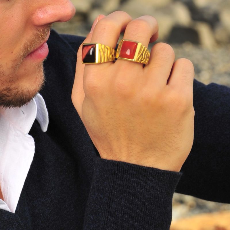 Chatoyant Red Tiger Eye Stone Signet Ring In Brown Rhodium & 14K Yellow Gold Plated Sterling Silver image