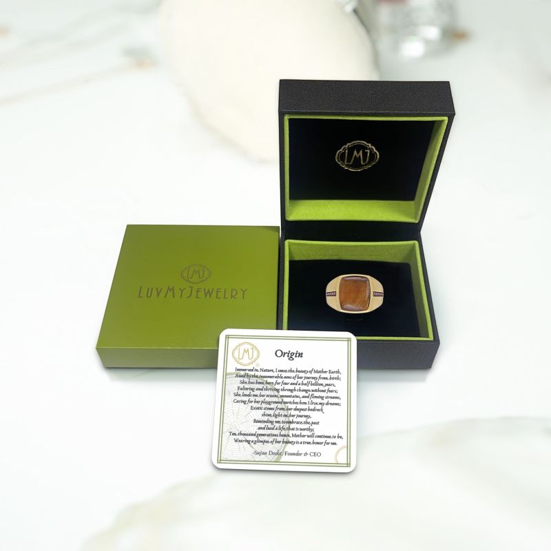 Chatoyant Yellow Tiger Eye Stone & Champagne Diamond Signet Ring In 14K Yellow Gold Plated Sterling Silver image