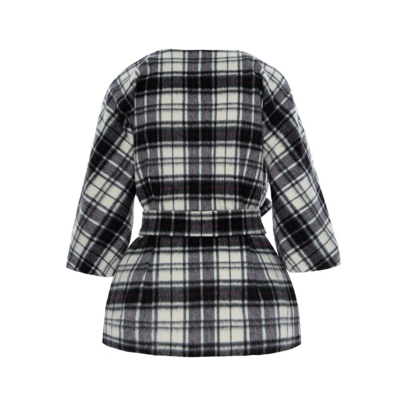 Check Wool Cape With Belt - Black & White image