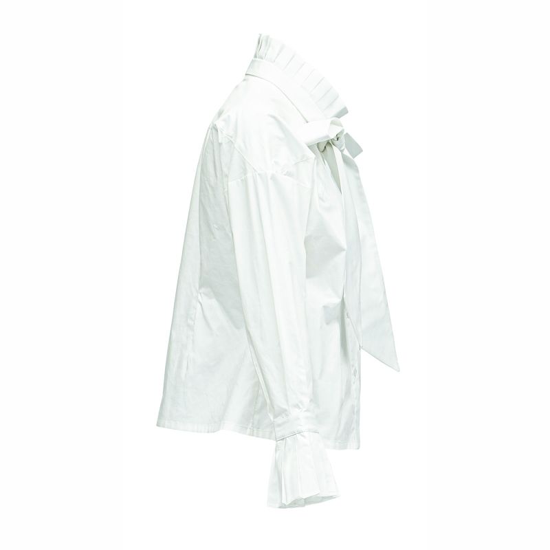 Chelsea - Cotton Blouse W/ Pleated Collar & Long Bow Tie - White image