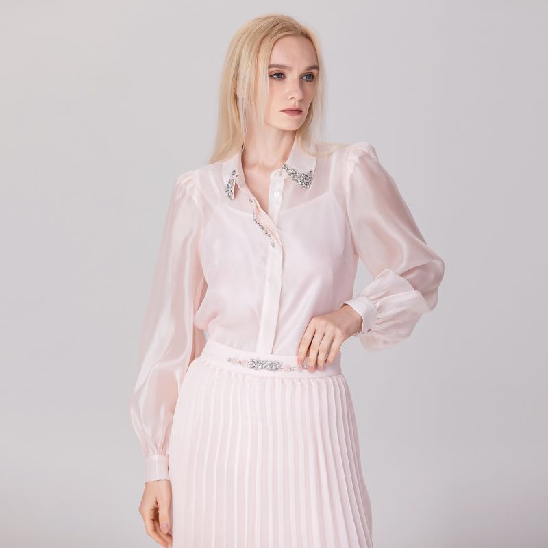 Beaded Collar Organza Shirt - Light Pink image