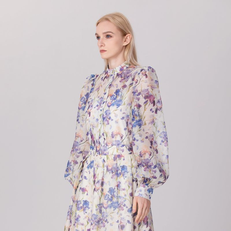 Flower Print Long Sleeve Organza Shirt - Multicolor image