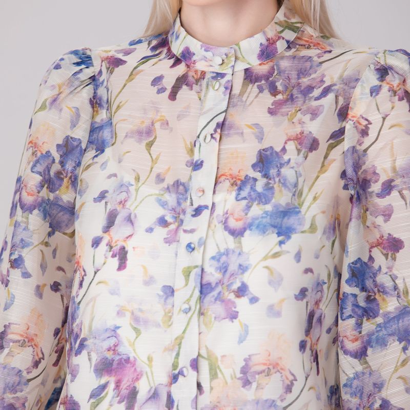 Flower Print Long Sleeve Organza Shirt - Multicolor image