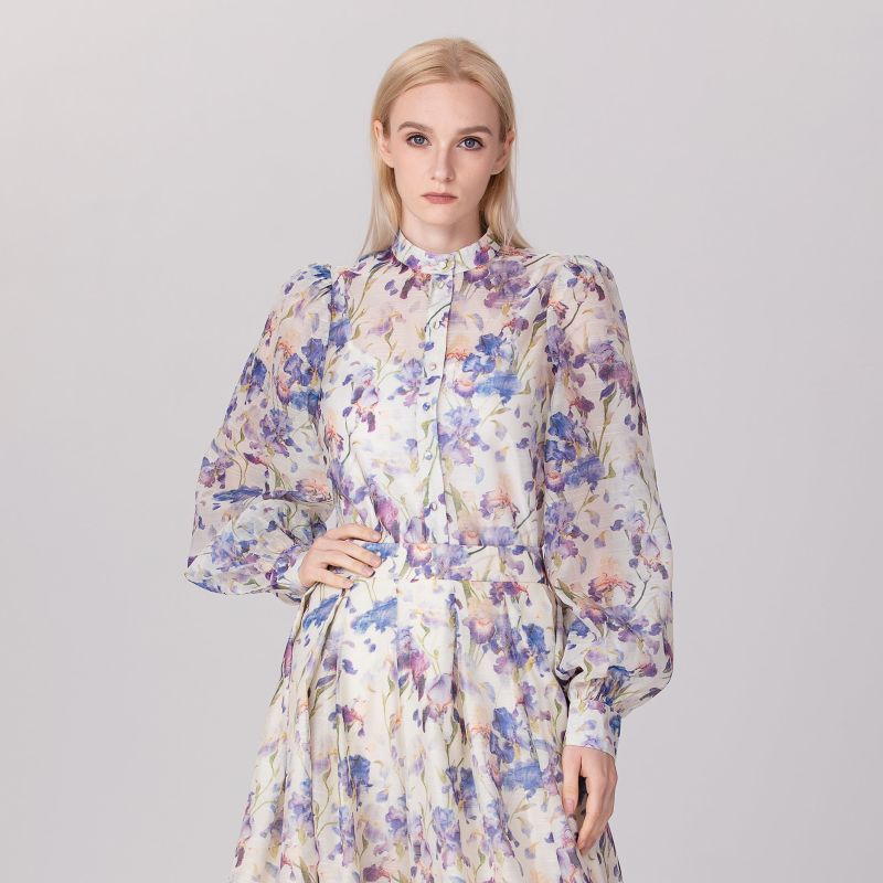 Flower Print Long Sleeve Organza Shirt - Multicolor image