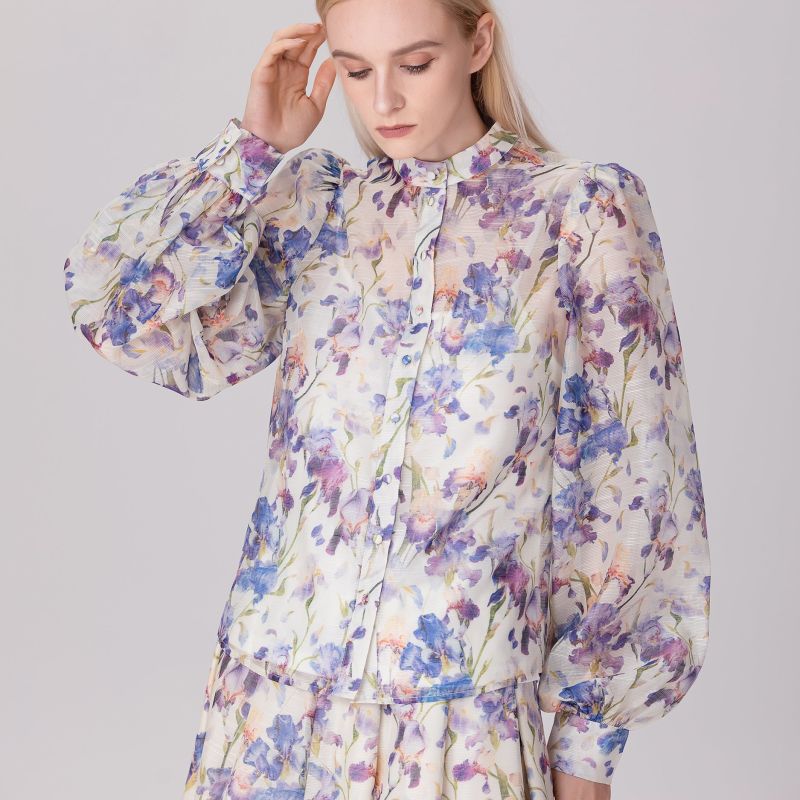 Flower Print Long Sleeve Organza Shirt - Multicolor image