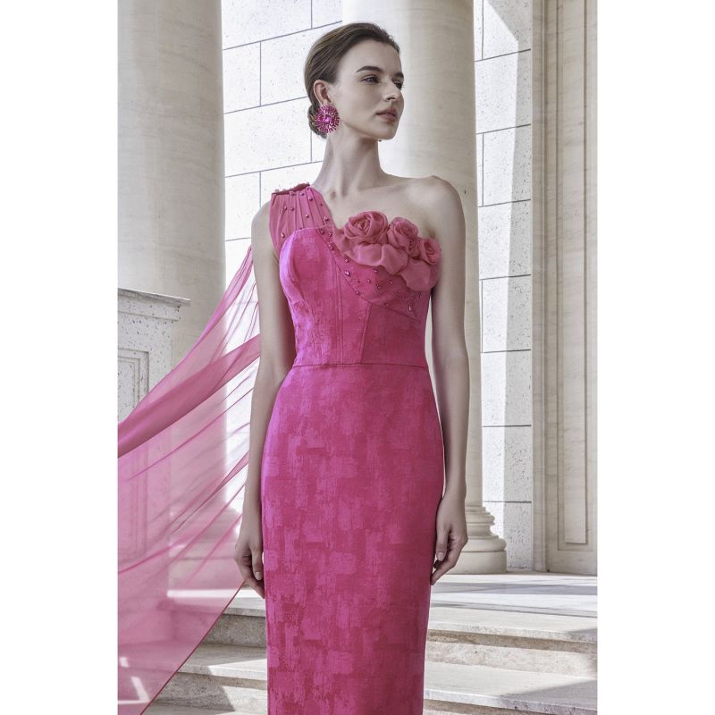 Chest Cup Asymmetric Dress With Roses Draped Detail image