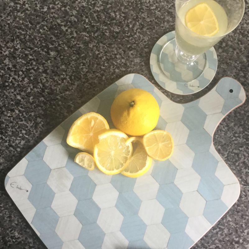 Chopping Boards Set. Light Blue Hexagonal Design. One Rectangle One Square And One Paddle Shaped Board Melamine. Stylish And Practical Gift. image