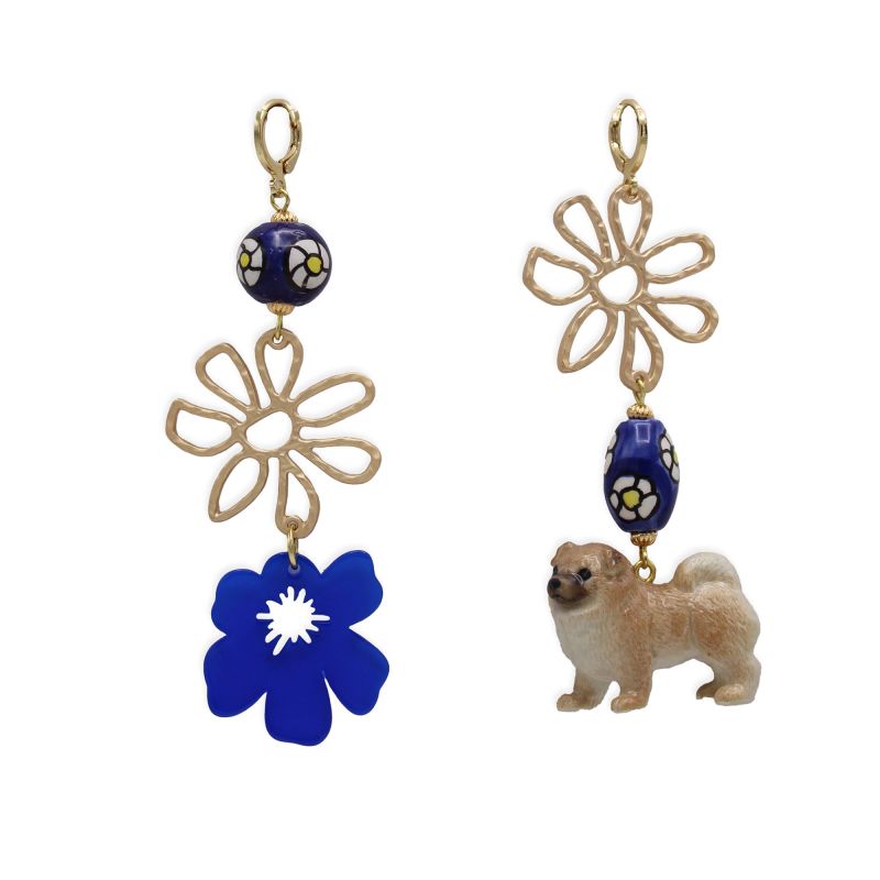 Chow Chow Dog & Flower Gold Earrings image