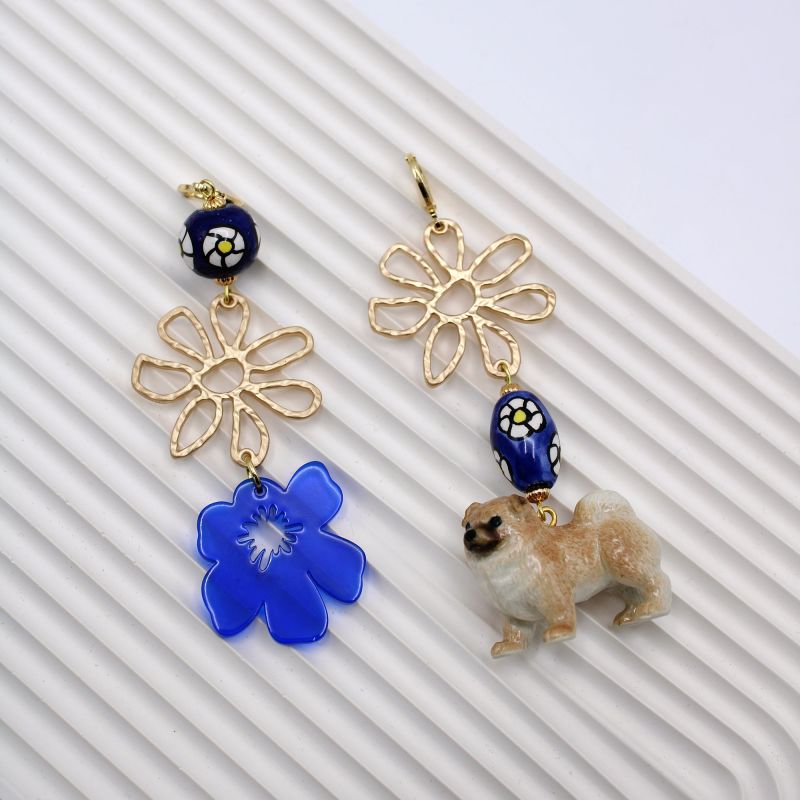 Chow Chow Dog & Flower Gold Earrings image