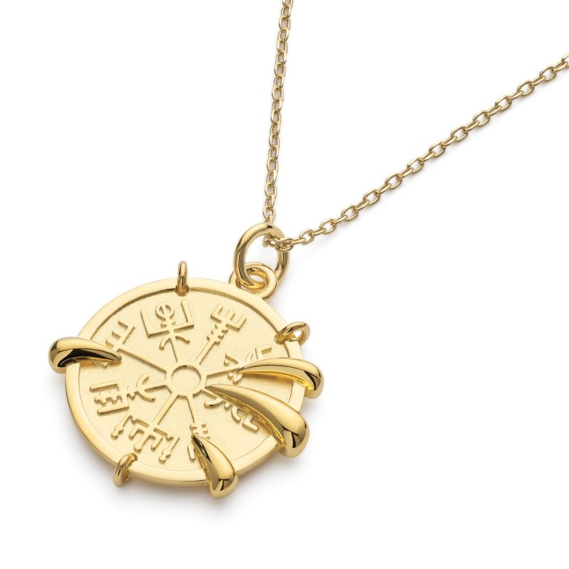 Chunky Viking Compass Gold Claw Medallion Coin Necklace image