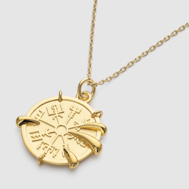 Chunky Viking Compass Gold Claw Medallion Coin Necklace image