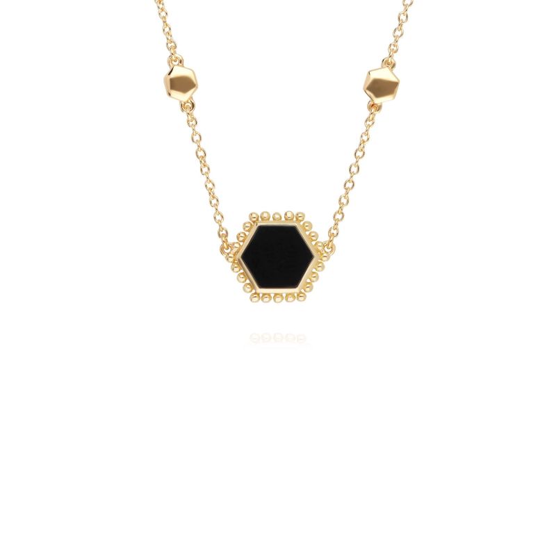 Black Onyx Flat Slice Hex Necklace In Gold Sterling Silver image