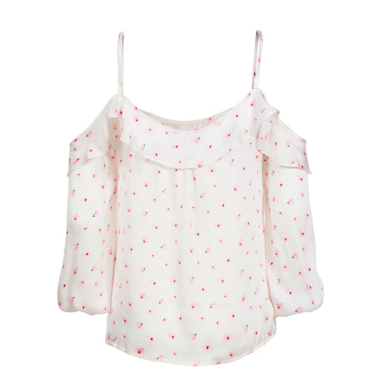 Lumi - White & Pink Printed Organic Silk Blouse With Cold Shoulders image