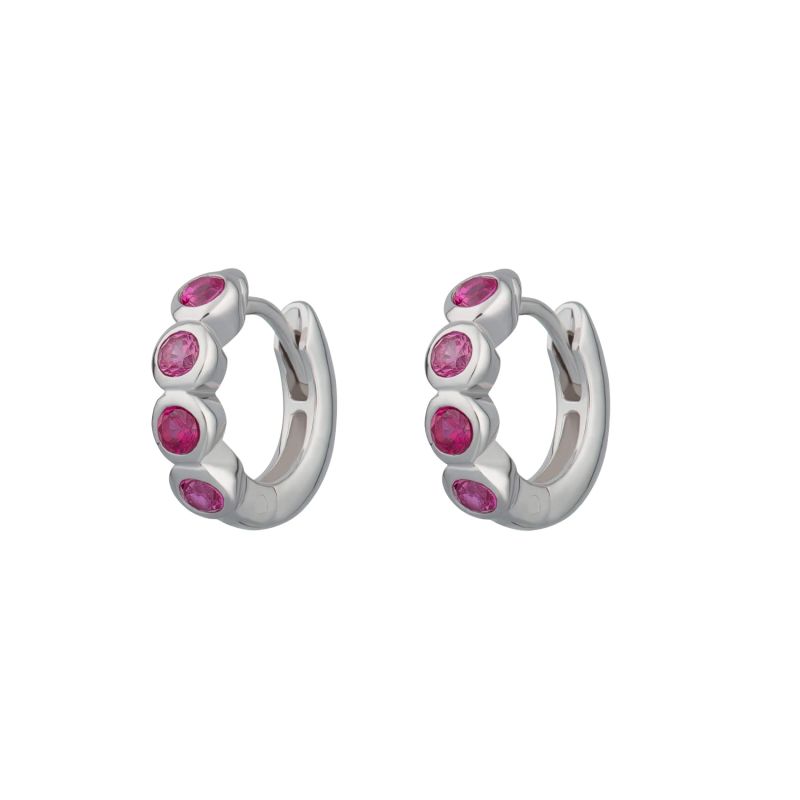 Silver Bezel Huggie Earrings With Ruby Pink Stones image