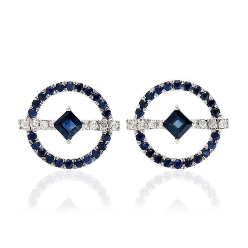 18K White Gold With Pave Diamond And Blue Sapphire Gemstone Stud Earring Jewelry image