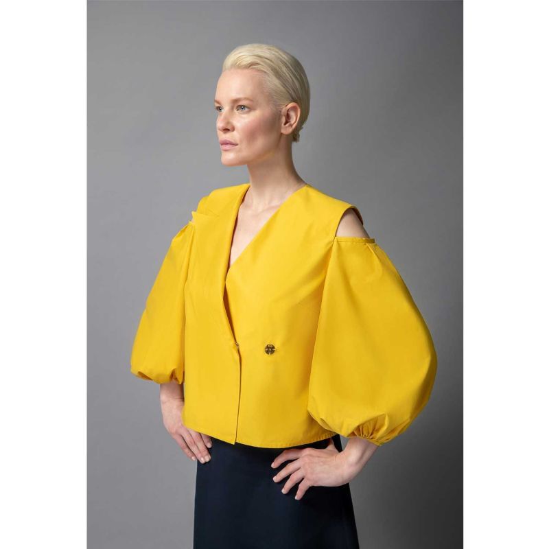 Cold Shoulder Puff Sleeve Lapel Top - Yellow & Orange image