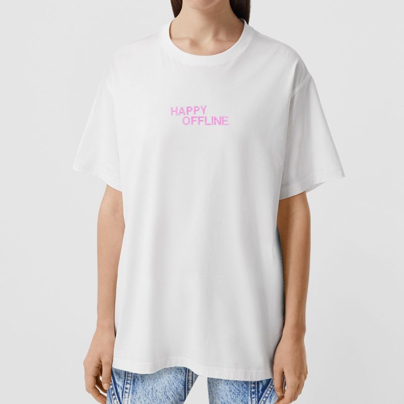 White Happy Offline Embroidered Pink T Shirt image