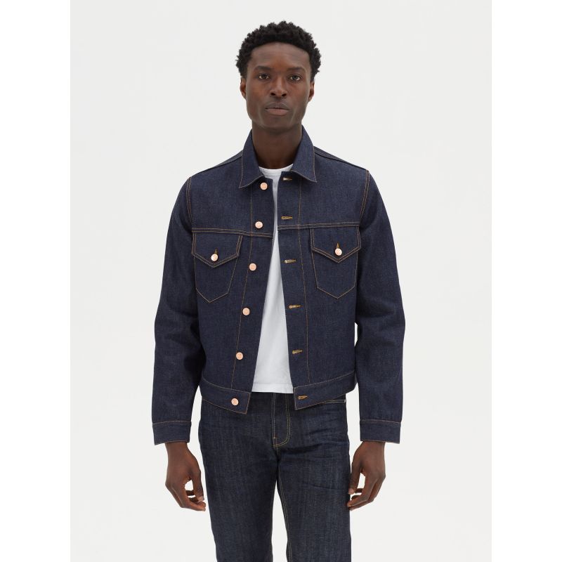 Mens Classic Denim Trucker Jacket In Raw Indigo Selvedge image