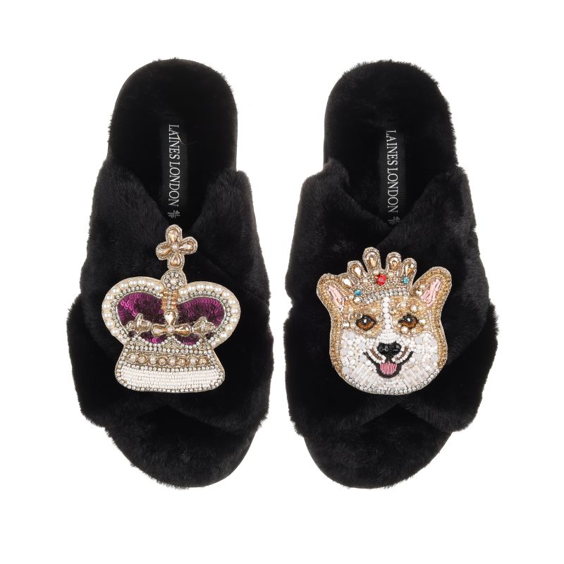 Classic Laines Slippers With Artisan Sandy The Corgi & Royal Crown Brooches - Black image