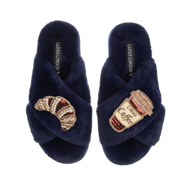 Classic Laines Slippers With Coffee Cup & Croissant Brooches - Navy image