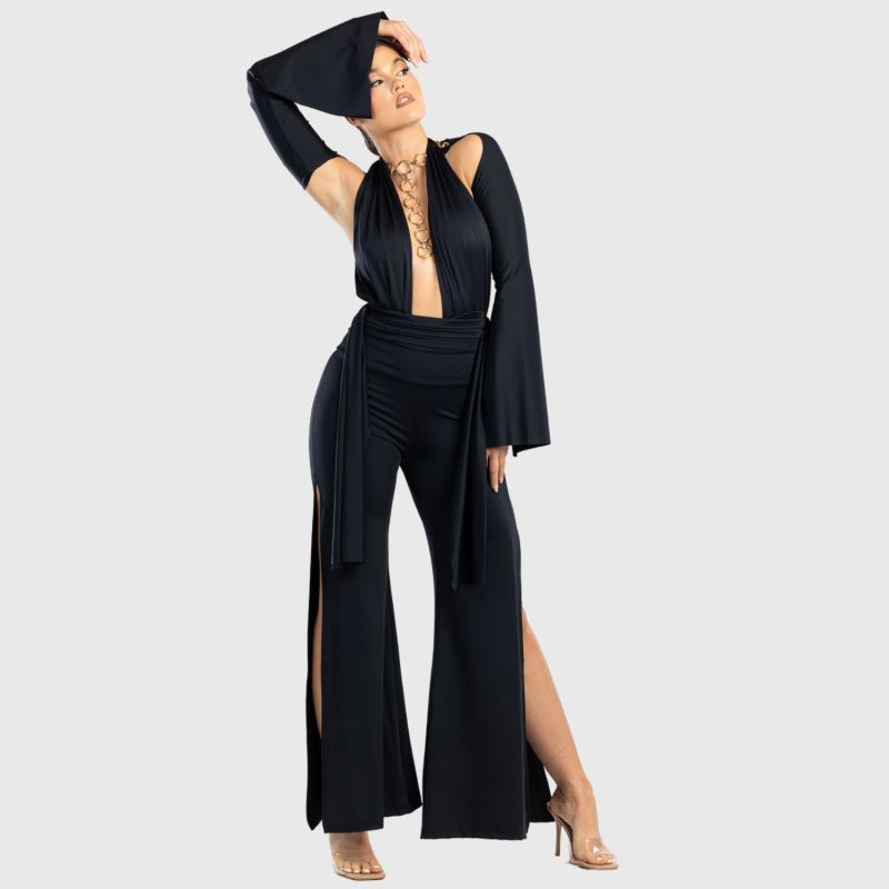 Cleo High Waisted Stretch Wide Leg Pants With Side Slit In Black image