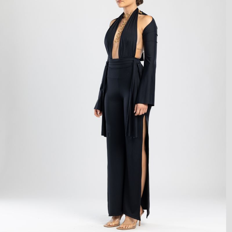 Cleo High Waisted Stretch Wide Leg Pants With Side Slit In Black image