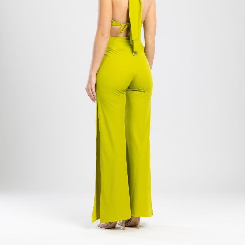 Cleo High Waisted Stretch Wide Leg Pants With Side Slit In Lime Green image