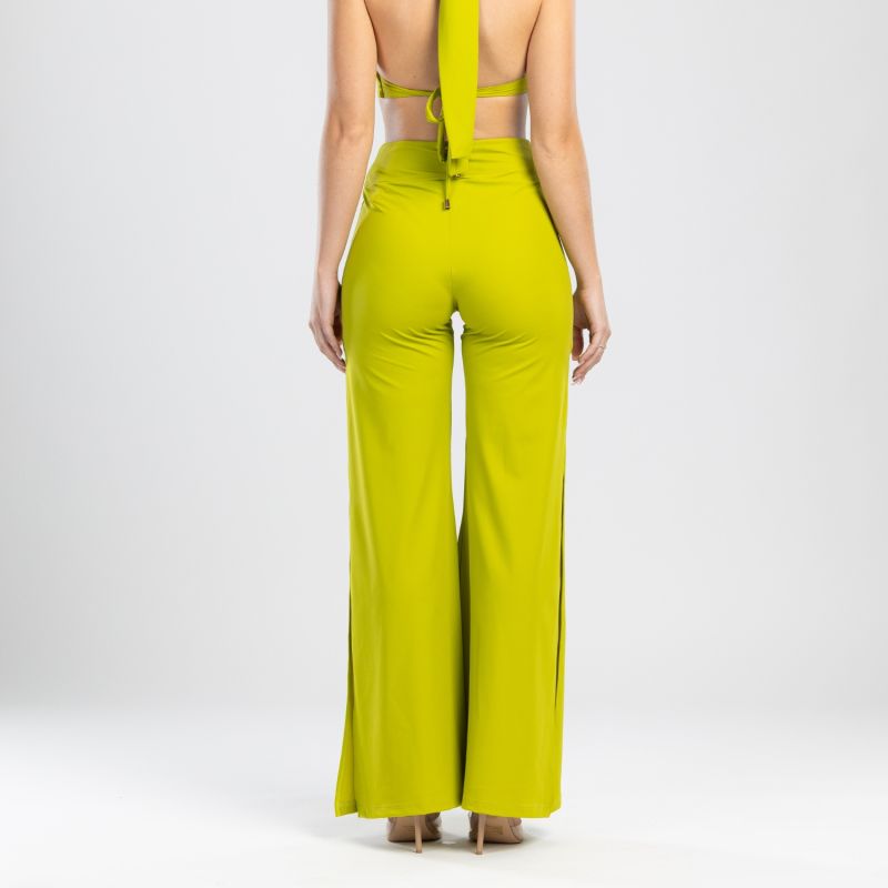 Cleo High Waisted Stretch Wide Leg Pants With Side Slit In Lime Green image