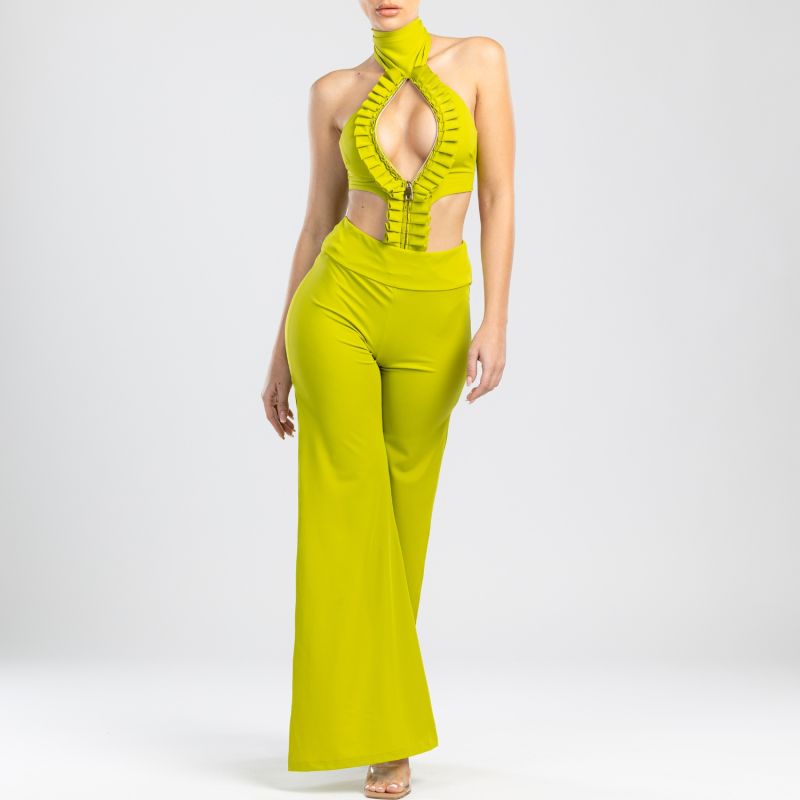 Cleo High Waisted Stretch Wide Leg Pants With Side Slit In Lime Green image