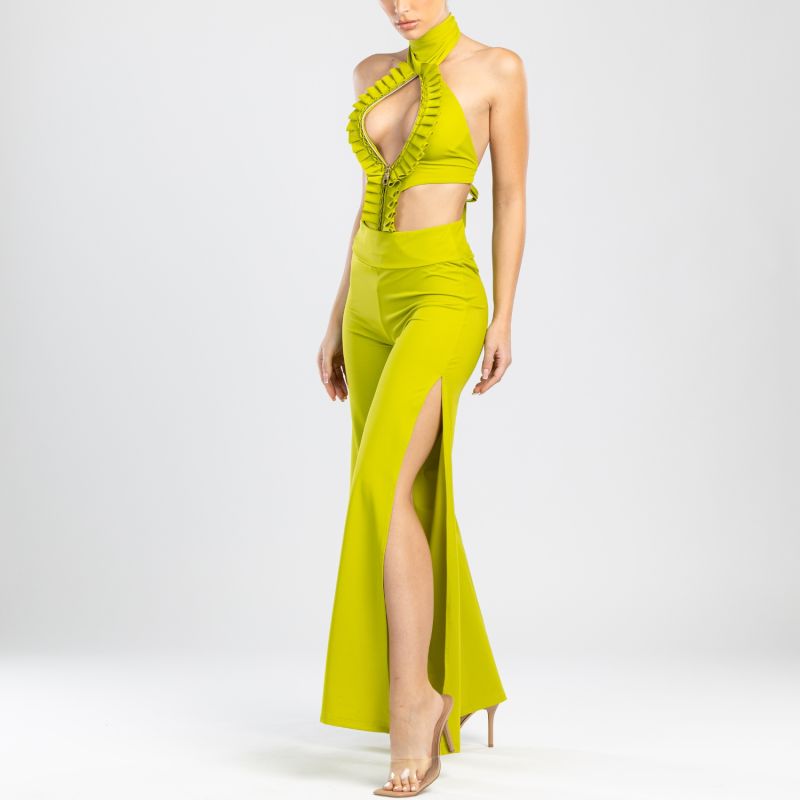 Cleo High Waisted Stretch Wide Leg Pants With Side Slit In Lime Green image